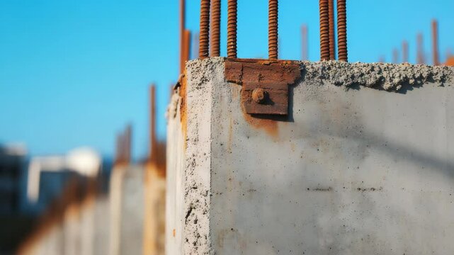 劣化した支柱とコンクリートをゆっくり回り込みながら捉えた建設現場の映像