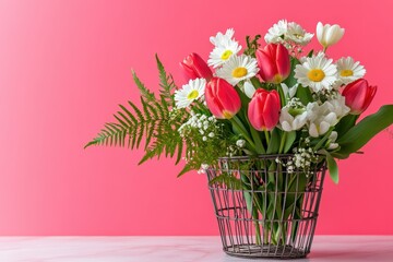 Fototapeta premium Vibrant spring bouquet in a decorative metal basket.