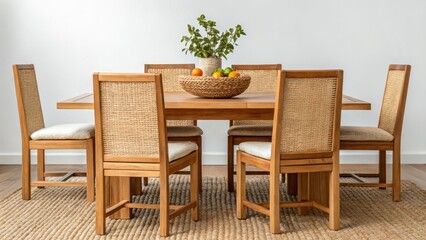 Obraz premium Modern dining table set with woven chairs and a centerpiece of fruits., Sustainable Furniture concept