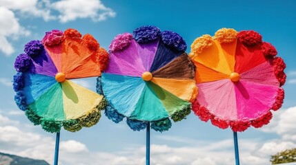 Colorful wind spinners against a partly cloudy sky.  Three vibrant, circular, decorative windmills with various colors, showcasing a rainbow spectrum.  Each features a central, colorful hub