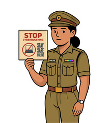 Vector illustration of an Indian female police officer holding a sign that says, "Stop Cyberbullying" and "Stay Safe Online," promoting digital safety and online awareness