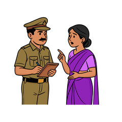 Vector illustration of an Indian police officer taking notes on a clipboard while a woman in a saree speaks emotionally, representing complaint registration and public assistance