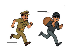 Vector illustration of an Indian police officer chasing a thief carrying a sack, symbolizing crime, theft, law enforcement, and action-packed pursuit in the line of duty