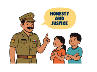 Vector illustration of an Indian police officer teaching two children about honesty and justice, promoting moral values, ethics, and civic responsibility through guidance
