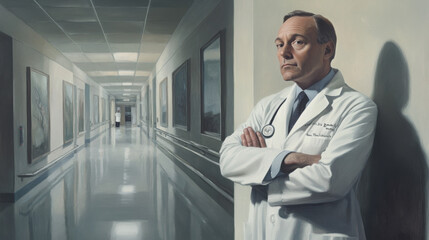 Fototapeta premium A professional portrait of a pensive doctor in mid-career, wearing a lab coat and business attire, standing in a hospital hallway