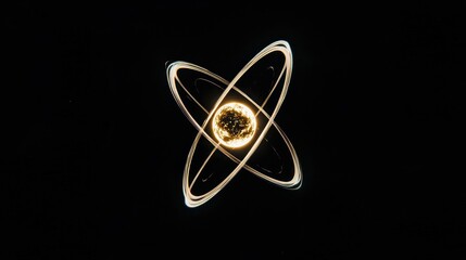 A scientific visualization of an atom with a nucleus at the center and electrons rotating.