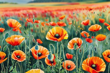 Obraz premium Stunning Watercolor Poppy Fields as a Colorful Floral Background for Aesthetic Designs
