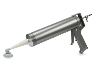 Gun on white background, sleek design, loaded chamber visible, black matte finish, trigger in foreground, symbol of power and danger.