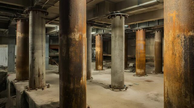 劣化した支柱とコンクリートをゆっくり回り込みながら捉えた建設現場の映像