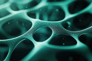 close up view of fibrous structure showcasing intricate patterns and textures in dark green aesthetic. image evokes sense of depth and complexity, highlighting beauty of microscopic forms