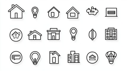 A set of 15 outline icons in a minimalist line style  long title A collection of 15 simple outline icons representing various