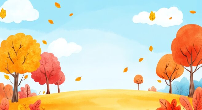 Autumn trees on the horizon under a bright blue sky in a cute cartoon style.