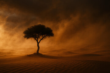 Solitary Tree in Desert Landscape at Sunset