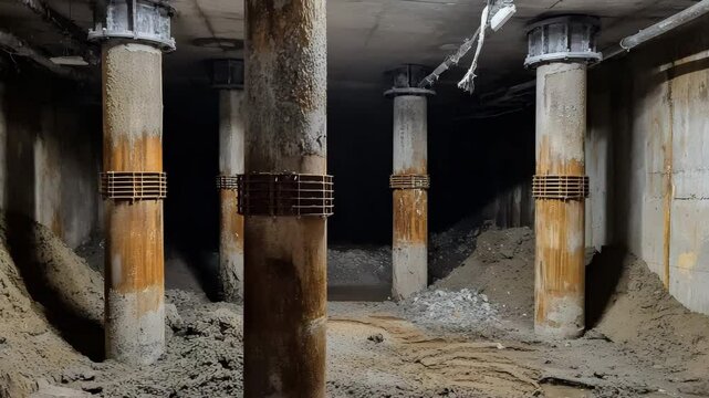 劣化した支柱とコンクリートをゆっくり回り込みながら捉えた建設現場の映像