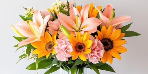 A vibrant bouquet of lilies sunflowers and carnations