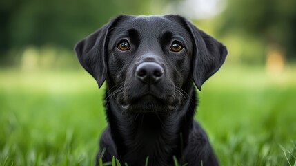 Black Labrador gazing, green field, summer, pet portrait, website banner