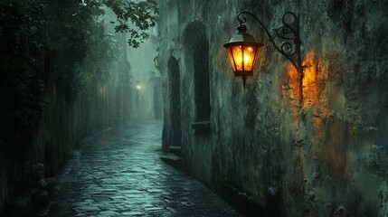 Rainy Alleyway, Cobblestone Street, Night