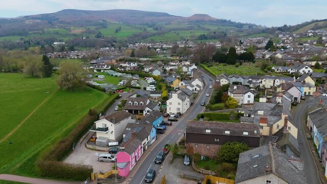 Crickhowell Town 4K Aerial Video Wales with Homes Streets Trees and Brecon Beacons Hills