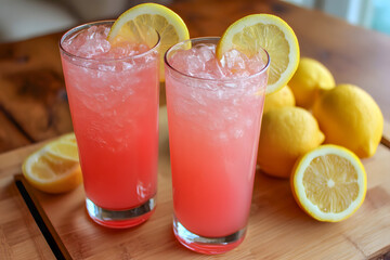 Glass of Pink Drink with Lemon on Wooden Table