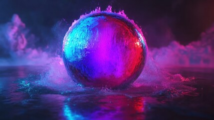 Obraz premium A vibrant sphere, emitting colorful light, surrounded by smoke and water
