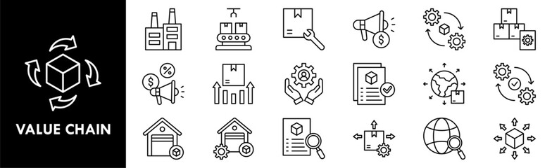 Value Chain icon collection set. Containing design strategy, business, management, value, technology