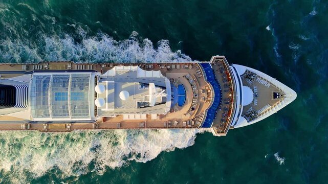 Luxury Cruise Liner Sailing the Open Sea, above aerial view of luxury cruise in the ocean 