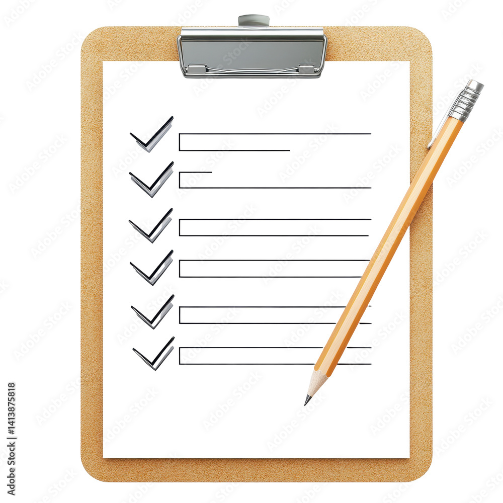 Aufkleber checklist clipboard with pencil rests on clean white background for organizing tasks and notes, clip
