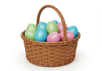 Pastel Easter eggs in green blue and pink in a woven basket isolated on white background in bright minimal studio style with festive holiday and spring theme