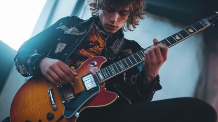 Obraz premium Musician playing electric guitar, urban background, rehearsal, music website