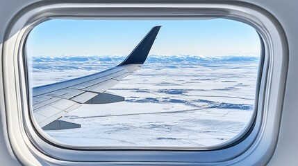 Aerial view of snowy landscape seen through airplane window