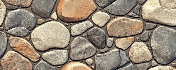 A textured surface composed of various smooth stones in shades of gray, brown, and beige, arranged closely together.