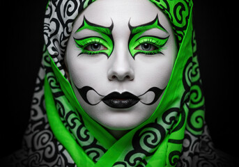 Woman with green makeup and intricate black-and-white face paint, creating a striking and dramatic look.