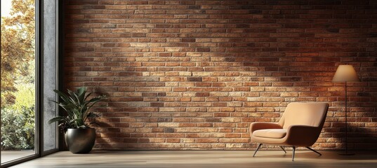 Beige Chair in Room with Brown Brick Wall and Sunlight