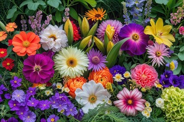 Vibrant Display of Colorful Flowers Surrounded by Lush Greenery