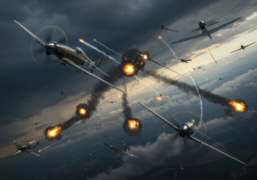 Group of planes soaring in clear blue sky, leaving trails behind, creating patterns against the serene backdrop.