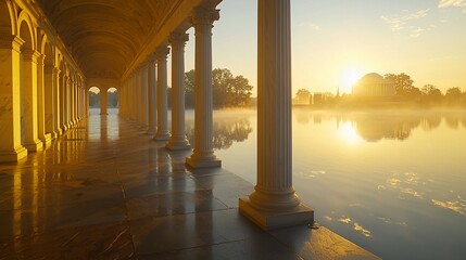 Sunrise over a classical colonnade reflecting in calm water