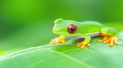 Vibrant green tree frog resting on a leaf