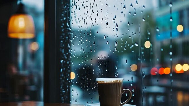 Rainy cafe window view with coffee