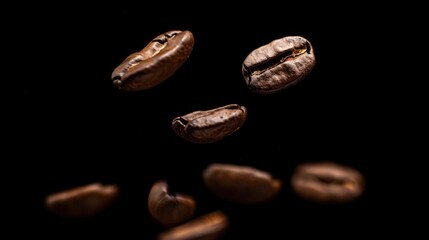 Coffee beans floating in air against black background