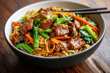 Fototapeta premium Delicious Mongolian beef and noodles served family style, featuring tender beef strips, vibrant vegetables, and savory sauce, perfect for sharing and enjoying together