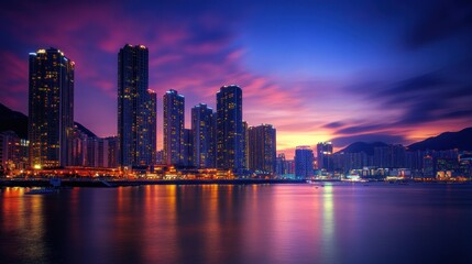 Fototapeta premium Vibrant Twilight Cityscape: Hong Kong's Skyscrapers Reflecting on Calm Waters
