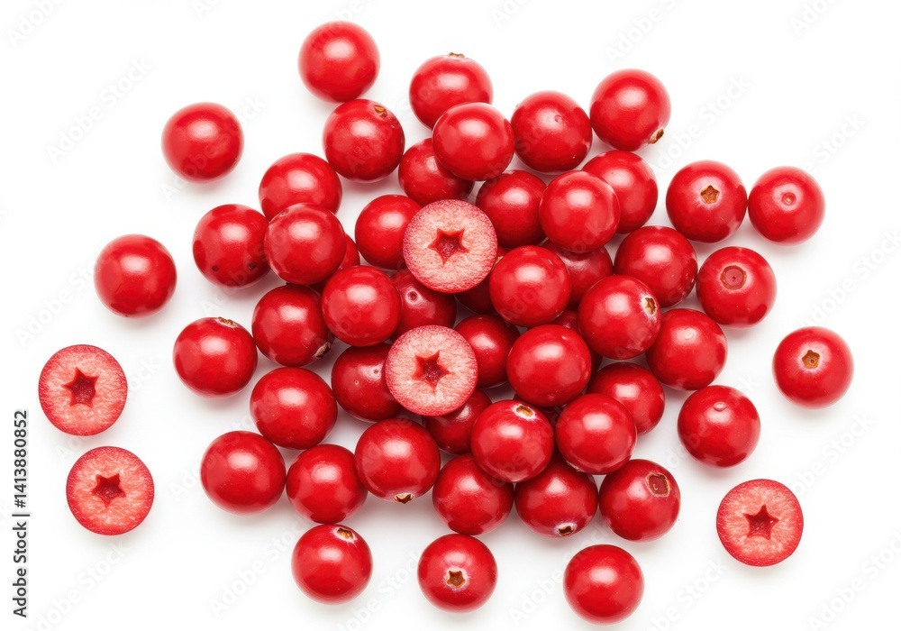 Poster a top view of a pile of fresh cranberries with some cut in half on a white background in a studio sh