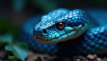 Fototapeta premium Headshot of blue viper snake with sharp teeth and piercing stare, snake, close-up, animal