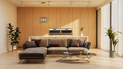 Large luxury modern bright interiors Living room mockup illustration 3D rendering image