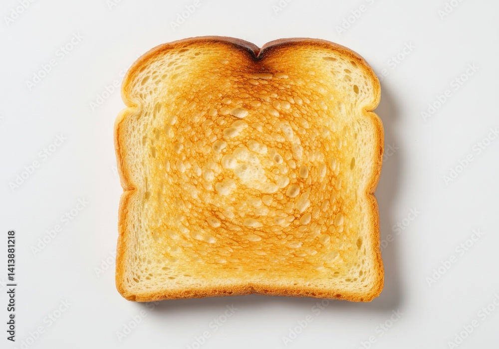 Poster a single slice of golden brown toast on a white background in a centered top down studio shot view