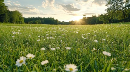 Lush Green Field with Daisies Under a Warm Golden Sunset With Idyllic Countryside View