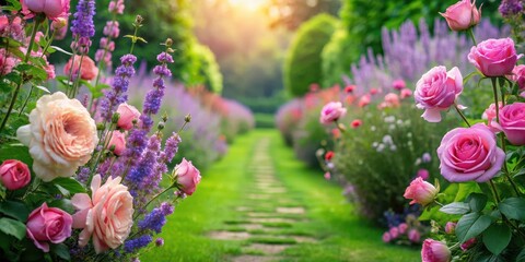 Softly blooming pink roses and lavender surround a lush green grassy path leading through a colorful floral arrangement, colorful flowers, summer blooms