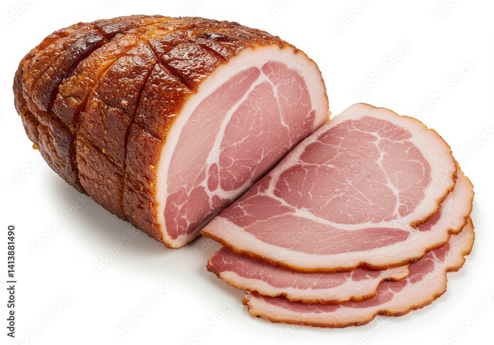 Poster a close up of a sliced ham roll with several slices lying next to it on a white background surface