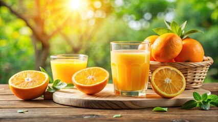 Freshly squeezed orange juice with pulp and slices of oranges, breakfast, sunny day,  breakfast
