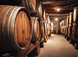 Aged Oak Barrels: A Rustic Cellar's Warm, Golden Glow
